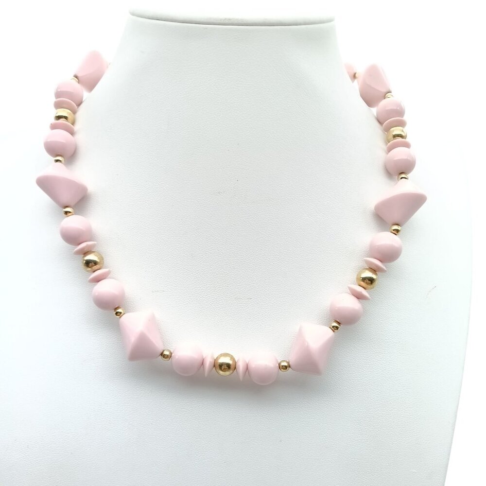 Vintage Pink Lucite Beaded Necklace with Gold Tone Accents